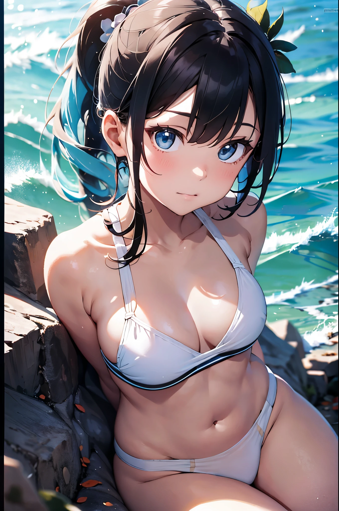 High resolution,topless、
One beautiful young woman,Light blue hair、ponytail、
(Soft Saturation:1.3), (Fair skin:1.2),
(ultra-Detailed Background, Detailed Background), Bokeh,
break&#39;Portrait of a smiling girl.,
When viewed from the front, The composition is symmetrical,
Looking straight at you with serious eyes,
break Swimwear, White Bikini, Center of chest, 
Outdoor, Sea surface, null, sunlight,Summer beach, Sandy Beach,
Strong light, Front lighting, 
(Teen:1.3), (Cowboy Shot:1.2),
Front brake angle,
View your viewers,
Dynamic pose,
sitting on the beach

Seaweed、Seaweed、Seaweed、Seaweed、Seaweed、Seaweed、Seaweed、