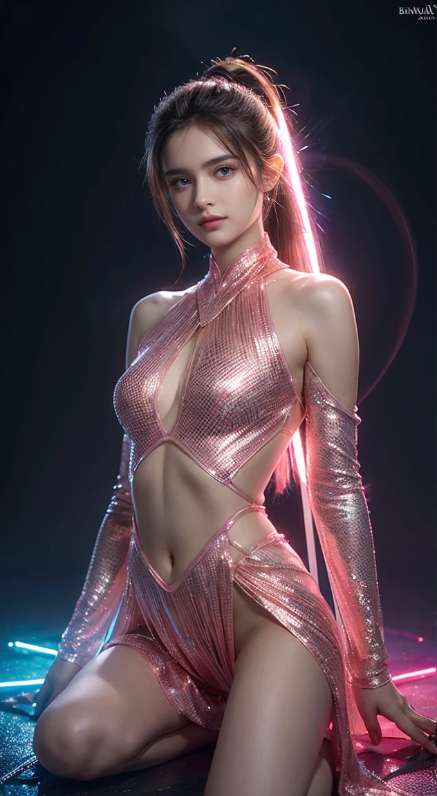 ((Waist shot)), craft a hyper realistic vertical photo of most attractive transparent tron jumpsuit crystal glass girl with neon light (Penelope Cruz),(Emma Watson), beautiful eyes, ponytail long hair, neon pink armor, intricate pink armor, delicate pink filigree, intricate filigree, red metalic parts, body made out of glass, intricate beauty, bioluminescence, blue veins, detailed eyes, sparkling, reflections, (translucent), elegant, simple background, dim light, volumetric lighting, hyper realistic, blurry foreground, blurry background, (bloodborne:1.1),