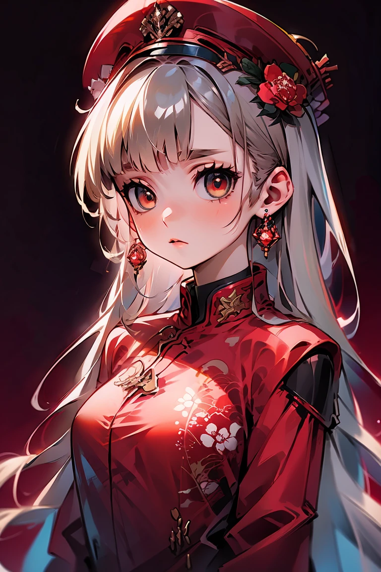 1girl, beautiful face, blonde hair, bangs, upper body, anime, simple background, red background, black shirt, red jacket, red cap, earrings,