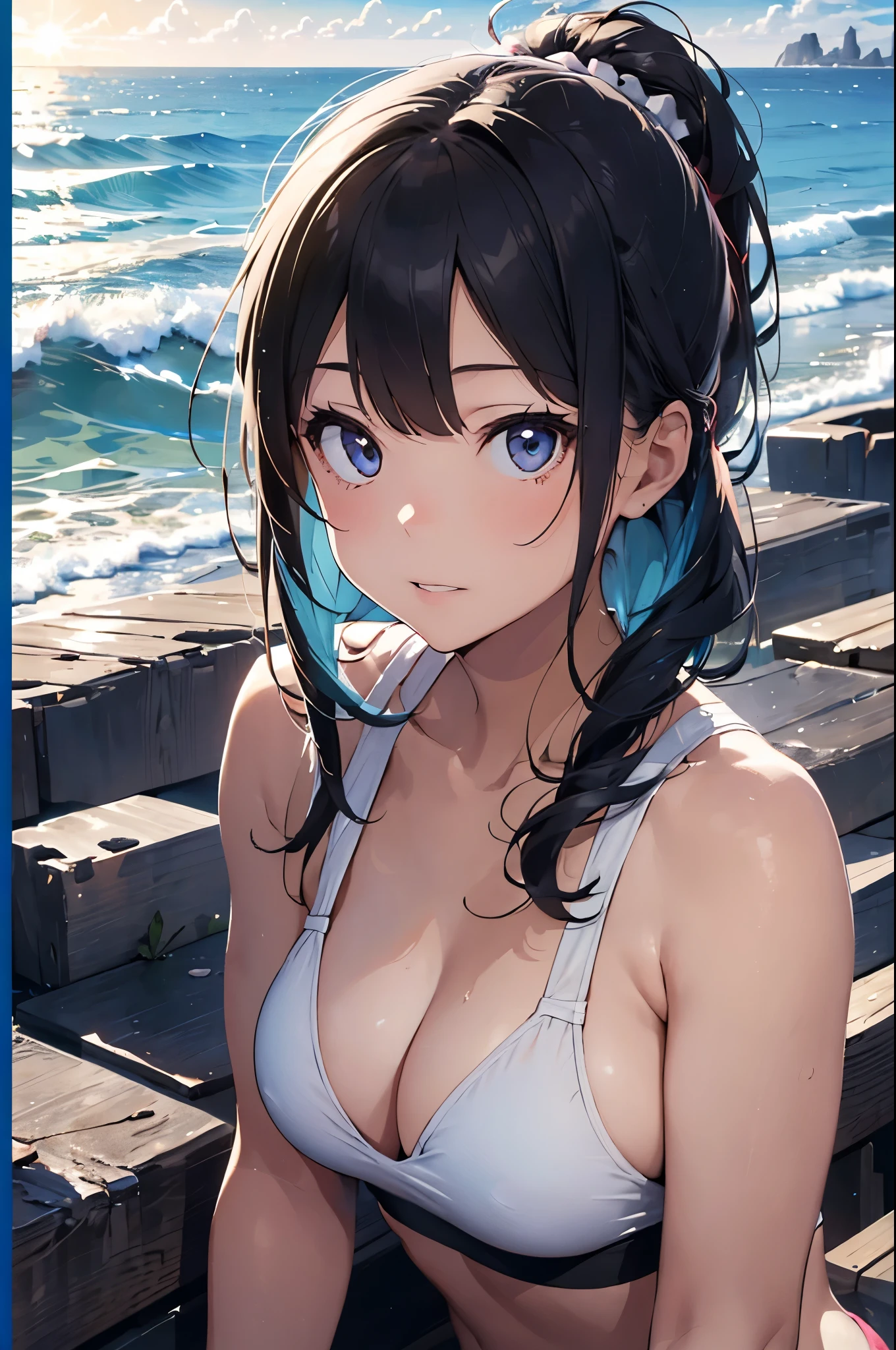 High resolution,topless、
One beautiful young woman,Light blue hair、ponytail、
(Soft Saturation:1.3), (Fair skin:1.2),
(ultra-Detailed Background, Detailed Background), Bokeh,
break'Portrait of a smiling girl.,
When viewed from the front, The composition is symmetrical,
Looking straight at you with serious eyes,
break Swimwear, White Bikini, Center of chest,
Outdoor, Sea surface, null, sunlight,Summer beach, Sandy Beach,
Strong light, Front lighting,
(:1.3), (Cowboy Shot:1.2),
Front brake angle,
View your viewers,
Dynamic pose,
sitting on the beach
Seaweed、Seaweed、Seaweed、Seaweed、Seaweed、Seaweed、Seaweed、