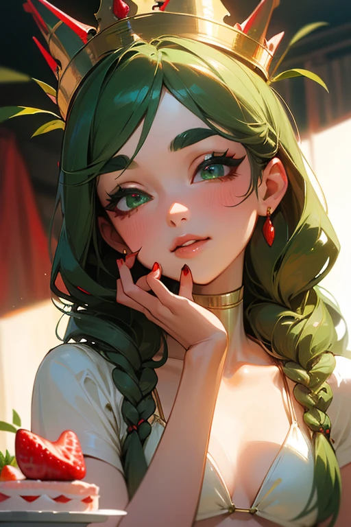 (Highest quality, masterpiece:1.2), High resolution, Very detailed, Realistic:1.37, Fantasy, An illustration, Green Eyes、Queen, Red and green swimsuit、Platinum decoration、beautifully、Eyeshadow Red、Thick eyebrows、Long eyelashes、pupils are black、Her hair is dark green、Gold crown、Kissing Face、Embarrassing、Beloved by the crowd、Hair is green、Braiding、hair ornaments、Laugh gently、Close one eye、Wink、Wink、From the waist up、(White Bikini).((Eat strawberry cake))