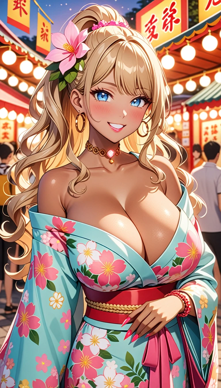 ultra-detailed, ((one girl)), (portrait), (tan skin:1.4), in pastel colors gyaru, (heavy makeup), (professional lighting), hyper detailed, absurdres, 8k, Beautiful Face, (Laugh shyly), ((teasing smile:1.2)), ((happy smile:1.4)), ((Wink:1.5)), (Laugh with your mouth wide open),((Tilt your face:1.6)), View your viewers, ((Bright red cheeks:1.4)),Glossy shocking pink lips, ((huge breasts:1.6)), night, summer, Small park, Festival food stalls, ((Anime style background)),masterpiece, Highest quality, (Brighten your face), so beautiful,Latest, Complex details, ((fluorescent pink long nail:1.2)), (ring),(bracelet), (Floral Choker),AI-generated, Complex,High resolution, Highest quality, super high quality,3D Images、3D Images,One person, ((Blond long hair)), (High Ponytail), (wavy hair:1.4), Anime woman posing for a photo, ((Eyes with detailed pupils、blue eyes、glowing eyes:1.2)), BREAK, (Squint your eyes:1.1),a hyperRealistic , hyperRealistic , Realistic,Anime woman with long honey blonde hair, Smooth anime CG art, A girl in a gorgeous pastel-colored kimono, ((Pastel-colored furisode)),(Pink large floral pattern), Long flower hair ornament,large gold hoop earrings, Mature Body, tall,Narrow waist, extreme close-up shot,