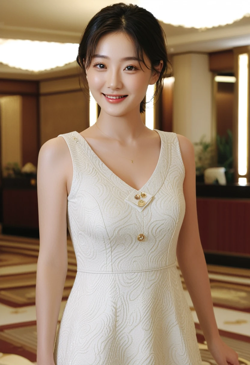 1 woman, (Wearing a sleeveless luxury brand dress with a nice texture:1.6),(RAW photos, best quality), (realistic, photo-realistic:1.4), masterpiece, Very delicate and beautiful Korean woman, very detailed, 2k wallpaper, amazing, in detail, very detailed CG unity 8k wallpaper, very detailed, soft light, Beautiful and delicate 36-year-old woman, very detailed eyes and face, beautiful and delicate nose, beautiful and delicate eyes,movie lights,(in the hotel lobby:1.6),complete anatomy,slim body,(laugh:1.4),(young girl:1.4),(cowboy shot:1.6),(look at the viewer:1.4),(front view:2.0),cinematic angle, Works inspired by Yoo Ji-in,standing,(divided:0.8), Short hair