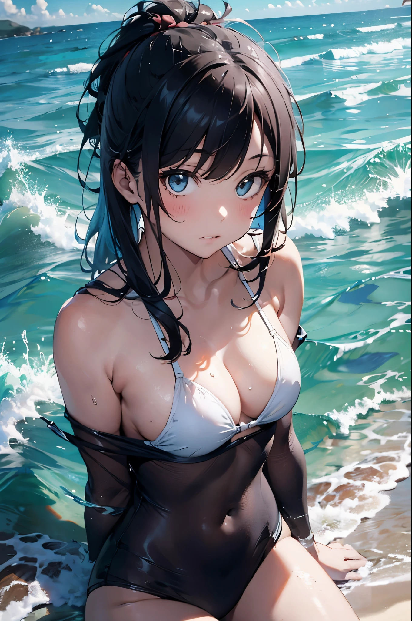 High resolution,topless、
One beautiful young woman,Light blue hair、ponytail、
(Soft Saturation:1.3), (Fair skin:1.2),
(ultra-Detailed Background, Detailed Background), Bokeh,
break&#39;Portrait of a smiling girl.,
When viewed from the front, The composition is symmetrical,
Looking straight at you with serious eyes,
break Swimwear, White Bikini, Center of chest, 
Outdoor, Sea surface, null, sunlight,Summer beach, Sandy Beach,
Strong light, Front lighting, 
(Teen:1.3), (Cowboy Shot:1.2),
Front brake angle,
View your viewers,
Dynamic pose,
sitting on the beach

Seaweed、Seaweed、Seaweed、Seaweed、Seaweed、Seaweed、Seaweed、