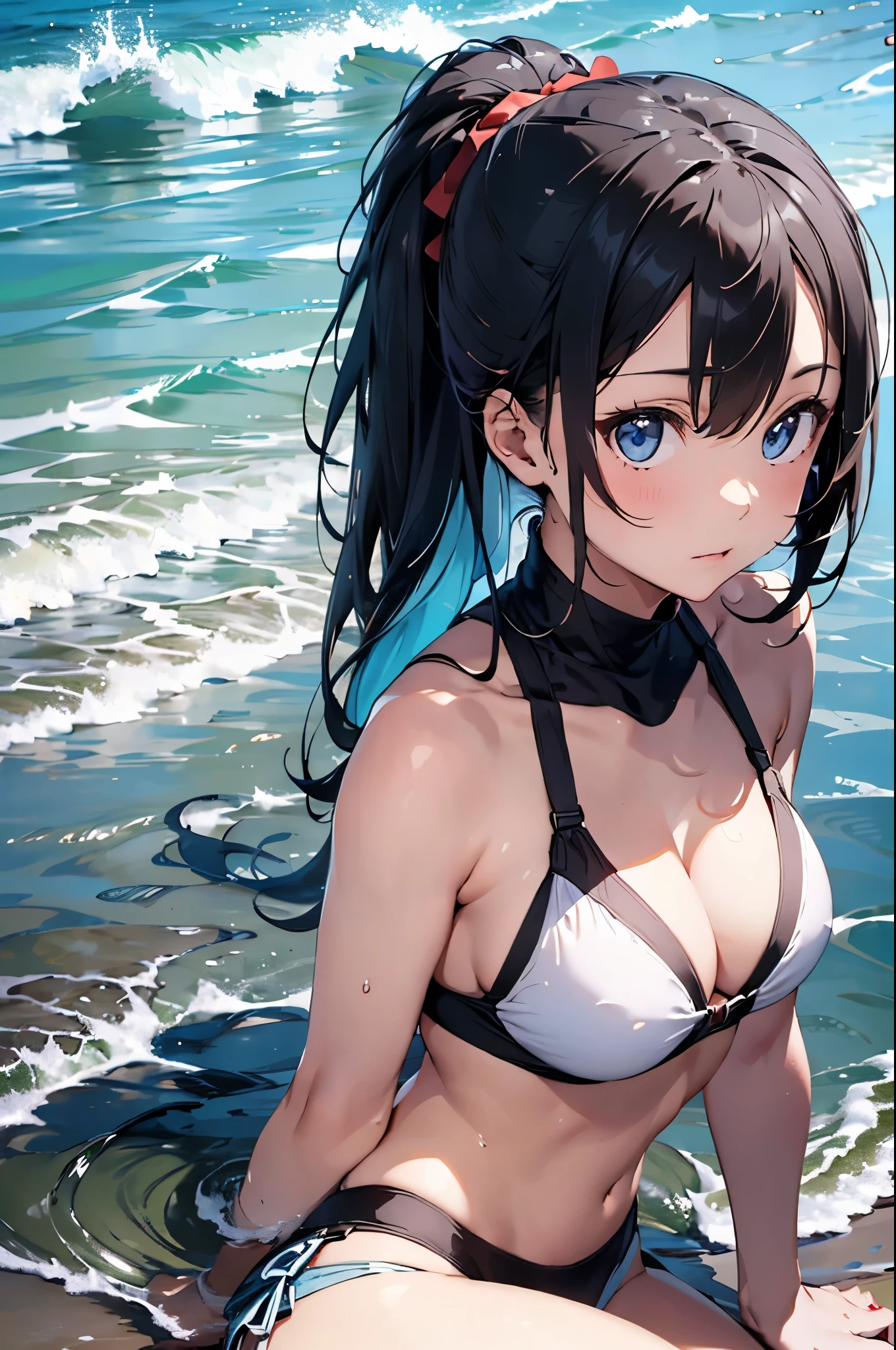 High resolution,topless、
One beautiful young woman,Light blue hair、ponytail、
(Soft Saturation:1.3), (Fair skin:1.2),
(ultra-Detailed Background, Detailed Background), Bokeh,
break&#39;Portrait of a smiling girl.,
When viewed from the front, The composition is symmetrical,
Looking straight at you with serious eyes,
break Swimwear, White Bikini, Center of chest, 
Outdoor, Sea surface, null, sunlight,Summer beach, Sandy Beach,
Strong light, Front lighting, 
(:1.3), (Cowboy Shot:1.2),
Front brake angle,
View your viewers,
Dynamic pose,
sitting on the beach

Seaweed、Seaweed、Seaweed、Seaweed、Seaweed、Seaweed、Seaweed、