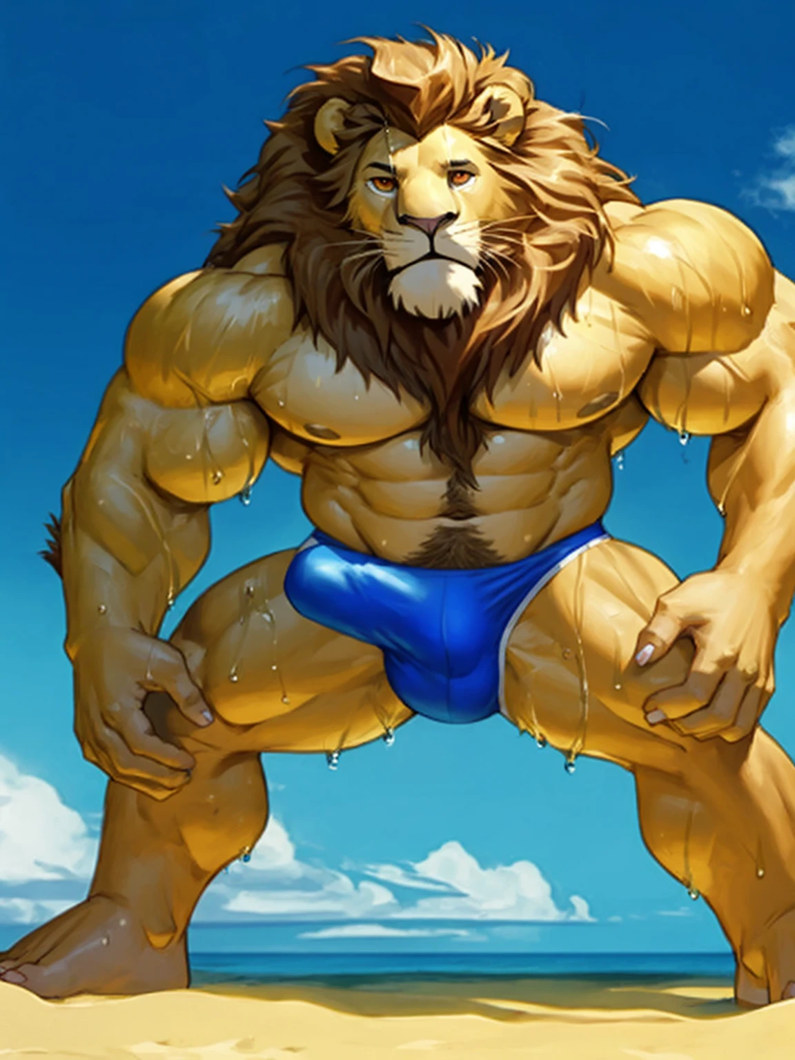 Lifesaver Lion、Male lion、Beach Background、Tropical Island、Golden Mane、Beach、Hands touching the crotch、Hugely bulging crotch underwear、Very small bikini、Hands on crotch pose、Very long armpit hair、Very long chest hair、Very long pubic hair、Very long belly hair、Completely naked、Very wet body、Very beautiful abs、Developed muscles、Golden big eyes、Sharp toenails,、Composition looking up from below