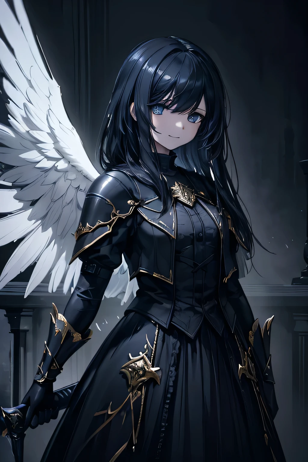 a young girl with a gentle, kind expression, smiling, holding a sword, with angelic wings, dark corruption, dark fantasy, dark magic, dramatic lighting, digital painting, cinematic, intricate details, award winning, highly detailed, masterpiece, 8k, hyperrealistic, volumetric lighting, chiaroscuro, moody atmosphere, dramatic contrast