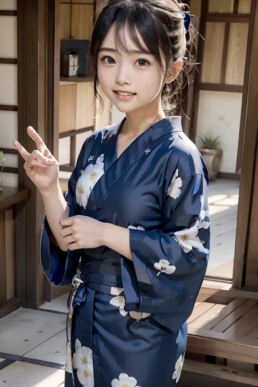 girl in blue floral yukata robe, wave at the camera, wave hands(8k, top quality, high definition, the best masterpiece, childish face, 15 years old, small breasts, balance carefully, I'm watching my audience, big eyes, bilateral symmetrical eyes, laugh showing teeth, yukata, Japan kimono, blue floral kimono, blue floral yukata with one hand lightly raised and waving, realistic skin, hydrated skin, perfect model body type, photorealistic, raw photo, super cute, Upper body image, front pose)