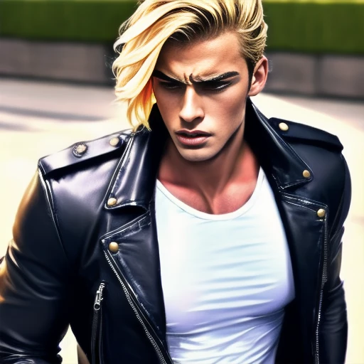 Blonde hair, leather jacket, police uniform, cool, handsome, young, handsome young man, restrained by busty beauty, looks frustrated