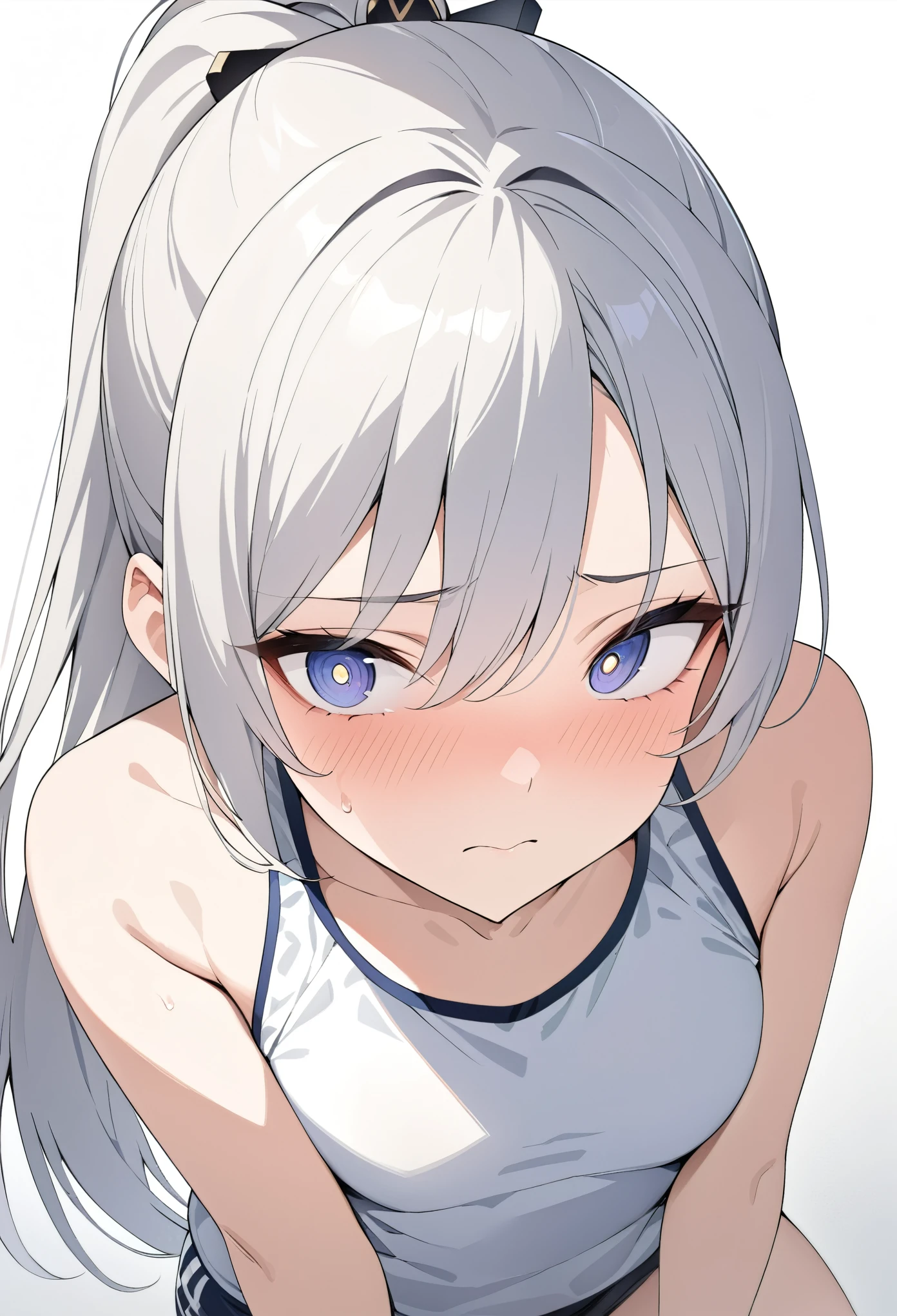 (((masterpiece, High resolution, perfect face))), beauty of China, 15 years old, beautiful face, white background, no-sleeve sports wear, embarrassed look, look at me, ((top quality eyes)), ((detailed texture)), look at me, Married woman, cool women, ((high resolution eyes)), ponytail
