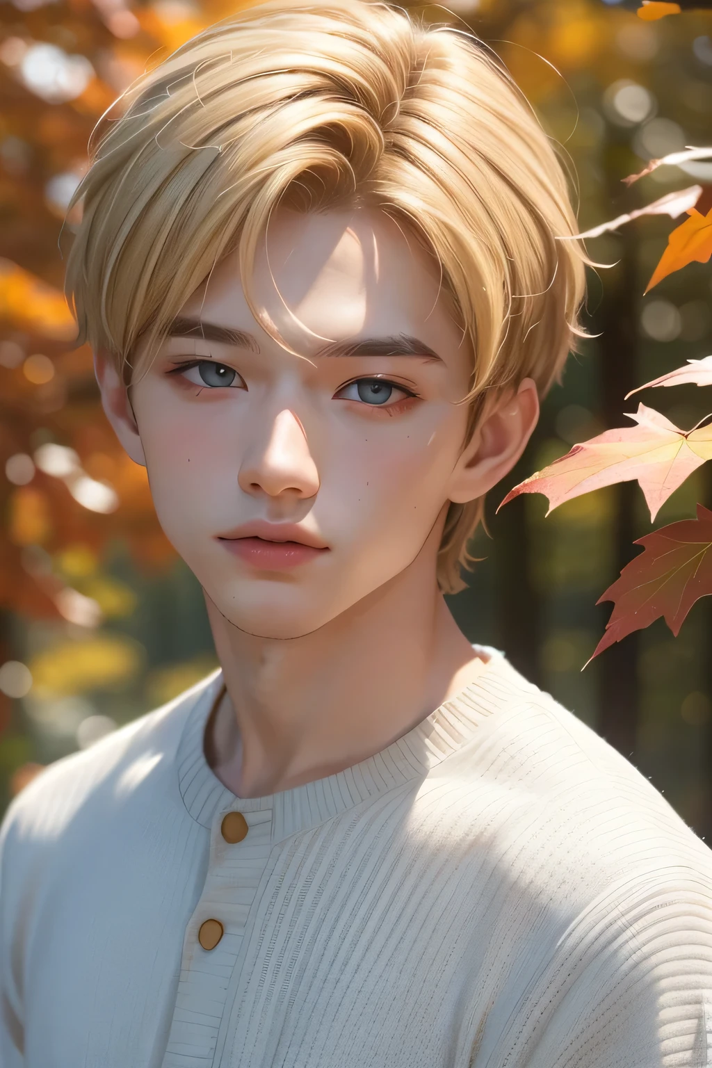 ((best quality)), ((masterpiece)), (detailed), one boy, 1boy, blonde hair, bright eyes, short hair, cute, boy, bright background, bright shirt, sporty, close up, cool, clean face, cool boy, autumn, man, boy, autumn boy, sporty boy, sweater
