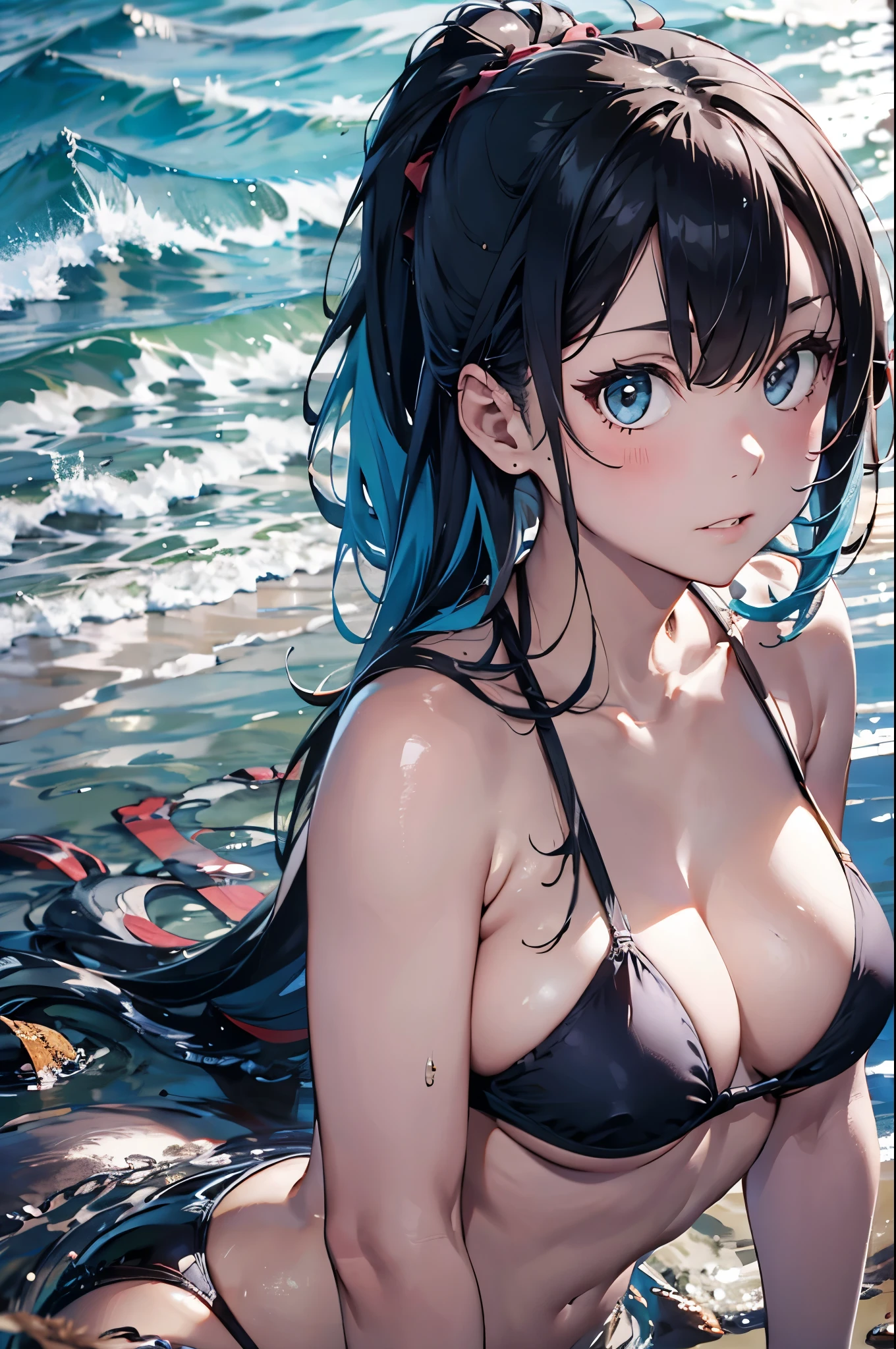 High resolution,topless、
One beautiful young woman,Light blue hair、ponytail、
(Soft Saturation:1.3), (Fair skin:1.2),
(ultra-Detailed Background, Detailed Background), Bokeh,
break&#39;Portrait of a smiling girl.,
When viewed from the front, The composition is symmetrical,
Looking straight at you with serious eyes,
break Swimwear, White Bikini, Center of chest, 
Outdoor, Sea surface, null, sunlight,Summer beach, Sandy Beach,
Strong light, Front lighting, 
(Teen:1.3), (Cowboy Shot:1.2),
Front brake angle,
View your viewers,
Dynamic pose,
sitting on the beach

Seaweed、Seaweed、Seaweed、Seaweed、Seaweed、Seaweed、Seaweed、