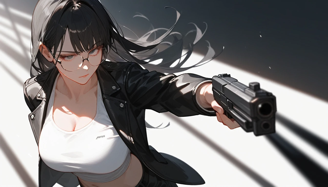 anime still frame，1 woman in a black suit and a glasses holding a gun，top Angle，suns，hand Focus，White belly button tank top，Mature evil vibe, bangs, Long hair，Black Hair，齐bangs, leather ppants，Anatomically correct, Eyes on the audience，Contempt，blurry dark background
