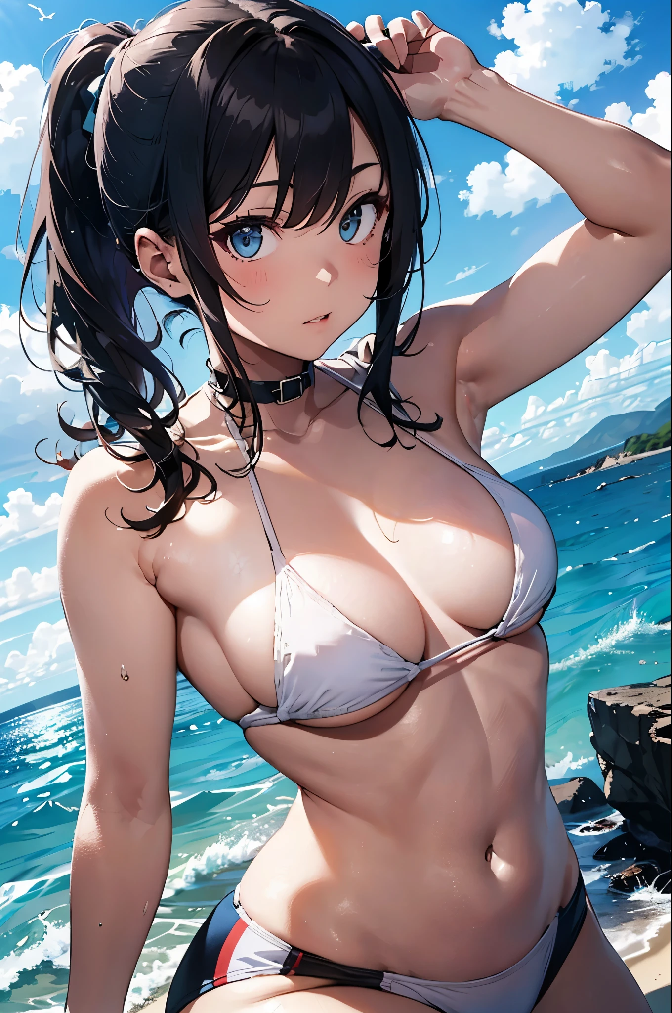 High resolution,topless、
One beautiful young woman,Light blue hair、ponytail、
(Soft Saturation:1.3), (Fair skin:1.2),
(ultra-Detailed Background, Detailed Background), Bokeh,
break&#39;Portrait of a smiling girl.,
When viewed from the front, The composition is symmetrical,
Looking straight at you with serious eyes,
break Swimwear, White Bikini, Center of chest, 
Outdoor, Sea surface, null, sunlight,Summer beach, Sandy Beach,
Strong light, Front lighting, 
(Teen:1.3), (Cowboy Shot:1.2),
Front brake angle,
View your viewers,
Dynamic pose,
sitting on the beach

Seaweed、Seaweed、Seaweed、Seaweed、Seaweed、Seaweed、Seaweed、