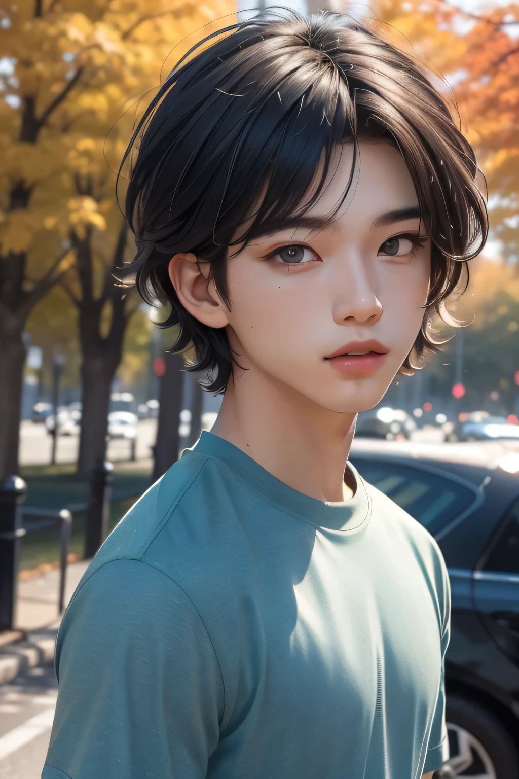 ((best quality)), ((masterpiece)), (detailed), one boy, 1boy, dark blue hair, brown eyes, short hair, cute, boy, bright background, bright shirt, sporty, close up, cool, clean face, cool boy, autumn, man, boy, autumn boy, sporty boy, pastel clothes
