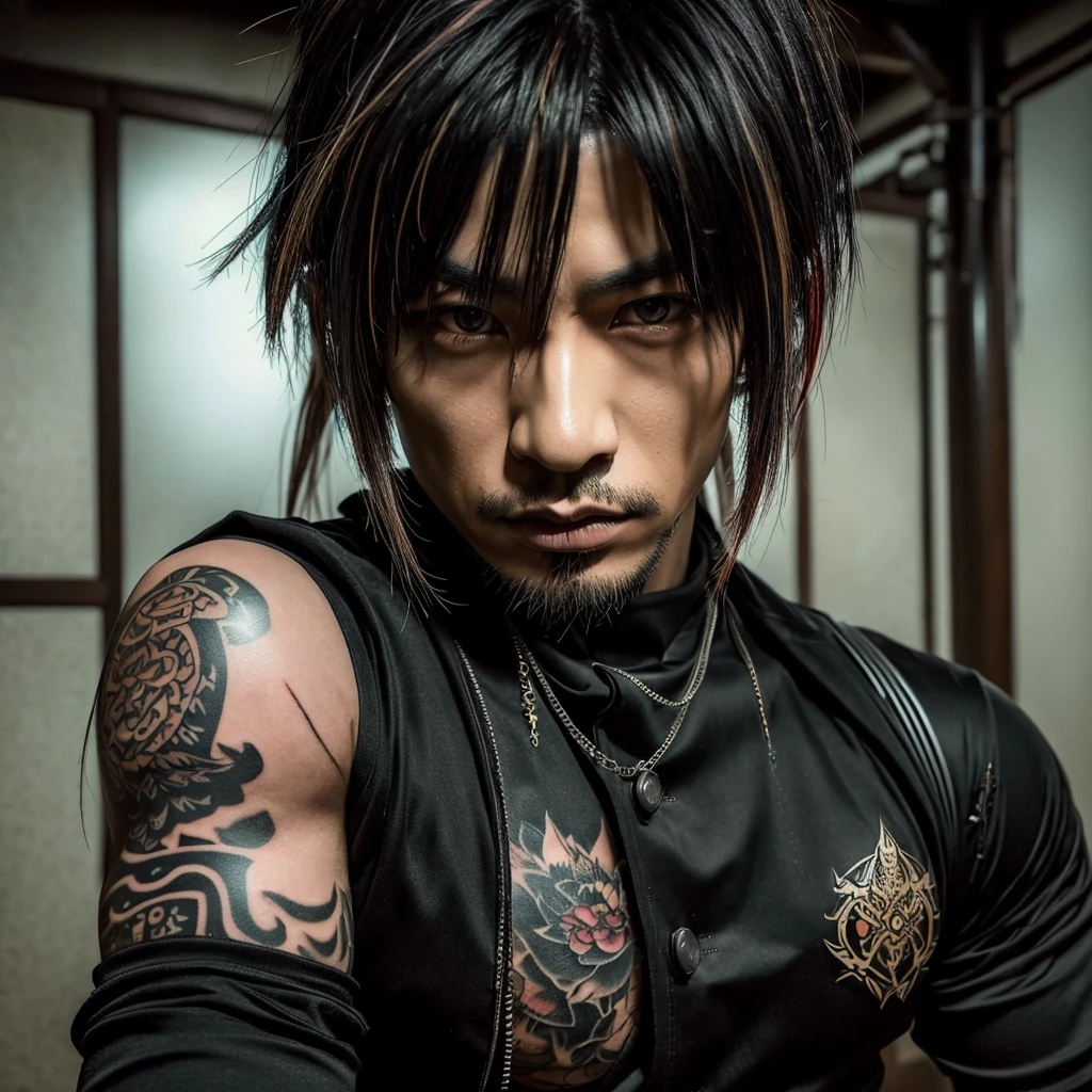 1 man, Japanese man, male, Asian eyes, muscular, broad shoulders, yakuza tattoos, hairstyle Visual Kei style, hair Visual Kei, black men's shirt and black pants, ultra detailed face, hyperrealistic, realistic representation, long hair, long hair, 30 years old, age 30 years, blond, blonde hair