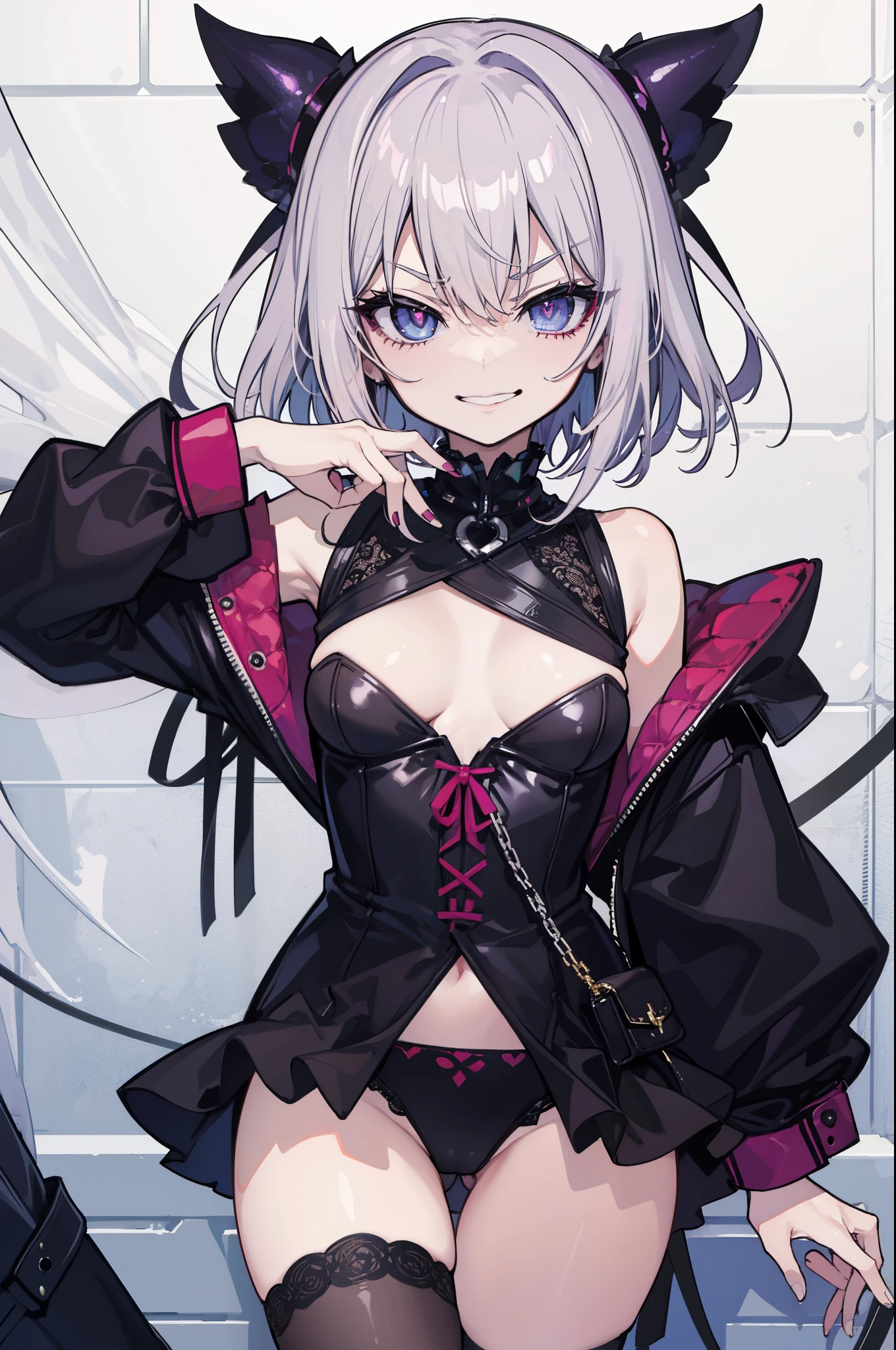 (hentai:1.1), (Ideal:1.1), (perfect:1.1), (flawless:1.1), (highest quality:1.2), (best quality:1.2), 1girl, (dark goth:1.1), punk girl, goth clothes, (evil smirk:1.1), (scary smirk:1.1), (:1.2), lewd pose, detailed body, sexy thighs, big things, small breasts, short hair, detailed eyes, high quality eyes, 4K, highest quality resolution, best quality resolution, best quality upscale,