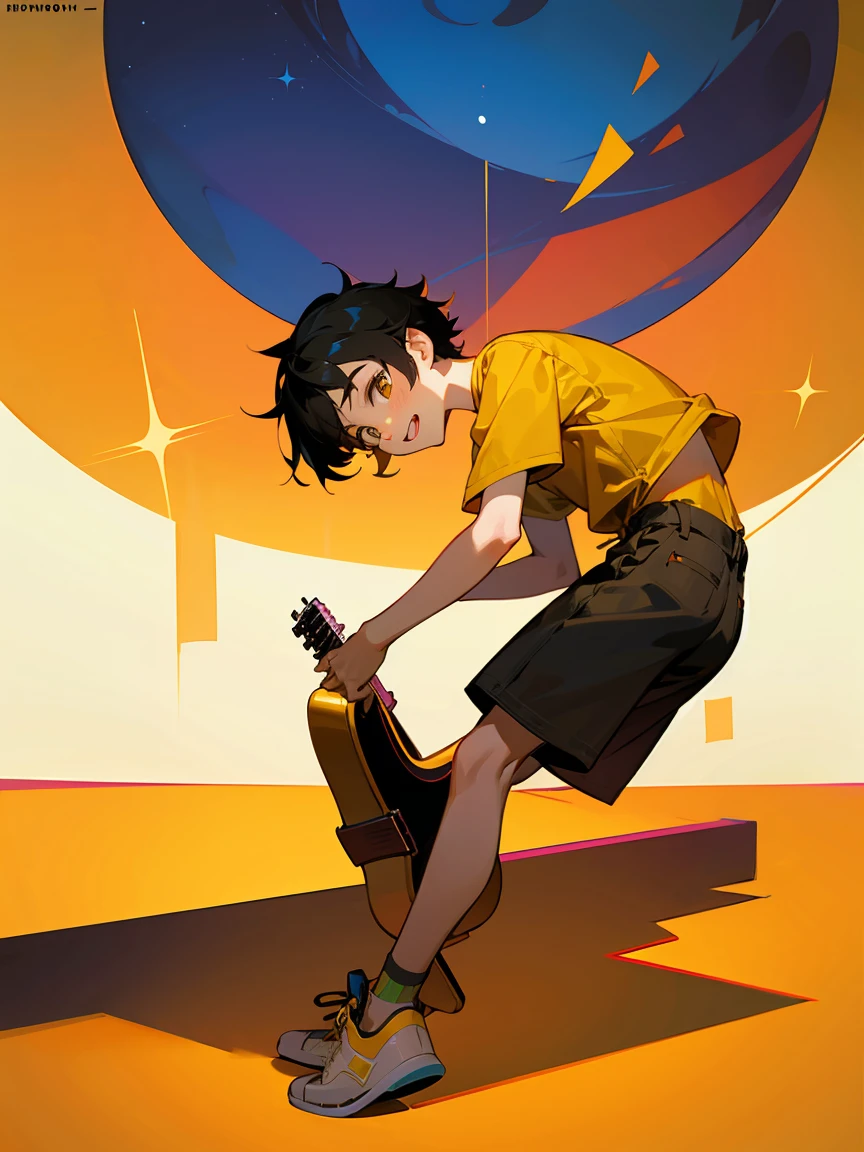 Highest quality、An illustration、boy、18-year-old、One person、whole body、boyish、smile、Sing a song、Short Hair、Black Hair、Yellow T-shirt、Black chinos、White sneakers、Acoustic guitar、Facing forward、