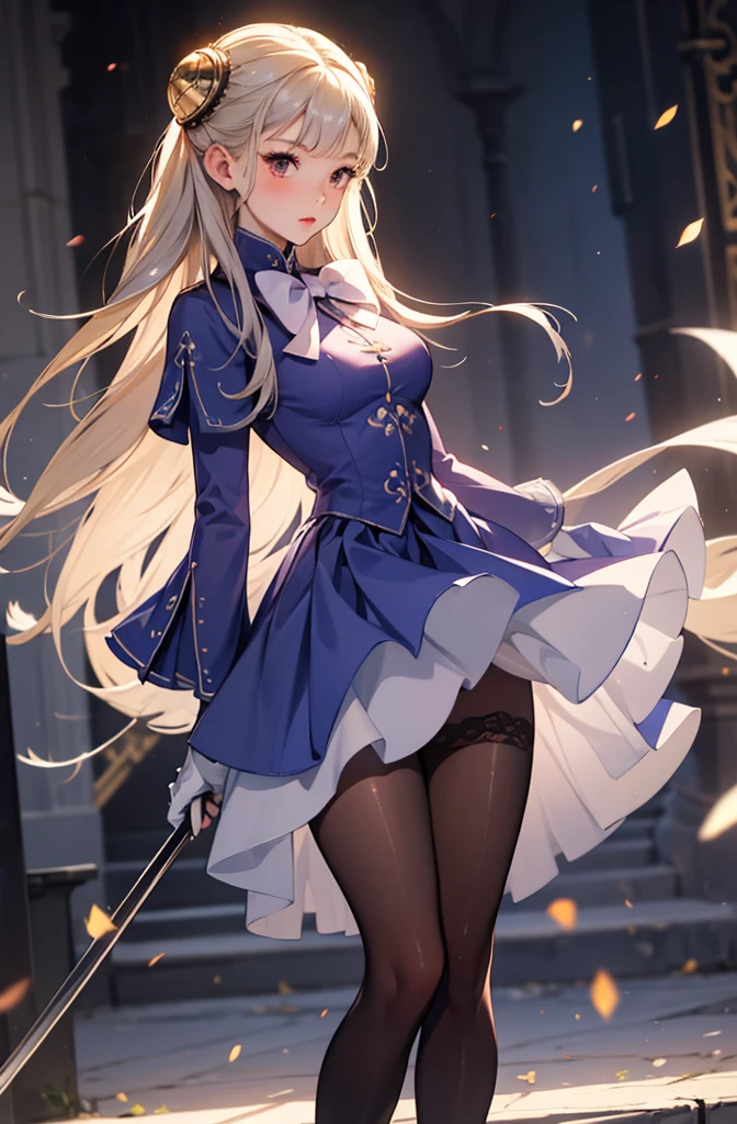 masterpiece,best quality,1girl,IngridMS,hairpods,gloves,skirt,brown pantyhose,bow,dress,pussy line,,Standing Split,medium breasts,thighs,leg up,long sleeves,spread leg,upskirt,panty