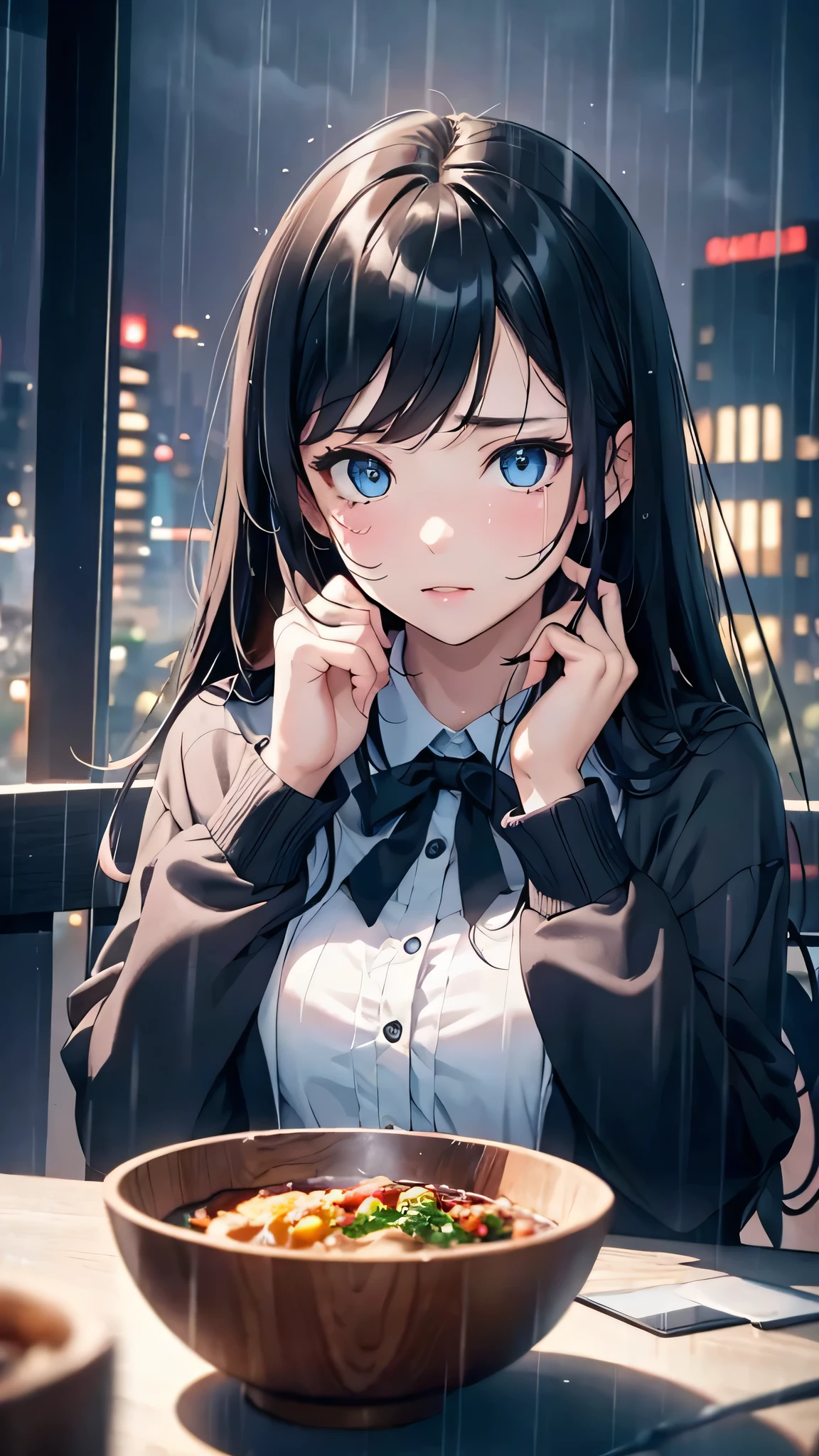 最high quality、Best image quality、masterpiece、With a girl((cute、16 years old、Best Bust、Medium Bust、Beautiful Blue Eyes、Spread your chest wide,Black Hair、Disheveled Hair、thin、Highest Valley、white open Y shirt,Black trousers、Teary whole body is wet、cry)）high quality、Beautiful art、background((night、heavy rain、City、Dark Clouds)),Tabletop、Exquisite design、Visual Arts、Written boundary depth、Best lighting、Highest detail、8ｋ