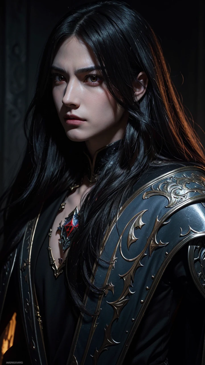 a detailed portrait of Alucard the lightborn hero from mobile legends, intricate facial features, intense glowing eyes, strong chiseled jawline, long flowing hair, ornate medieval armor, dramatic lighting, rich color palette, fantasy art style, highly detailed, cinematic, photorealistic