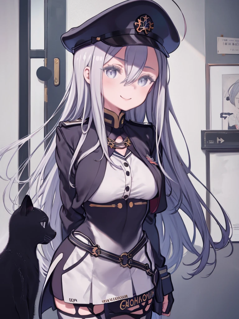 High Contrast, One Girl, sketch, Monochrome, Clean line art for coloring books、Grey Hair、long hair、Hair between the eyes、Grey Eyes、Ahoge、Big Breasts、Huge breasts、Are standing、Upper Body、Smiling、Angle from the front、Front view、Hands behind the back、((Photographed with a black cat))、Vladilena Milize, blue headwear, blue jacket, blue skirt, hat, jacket, military, military hat, military uniform, Peaked cap, shirt, skirt, thighhighs, uniform, white shirt, white thighhighs、