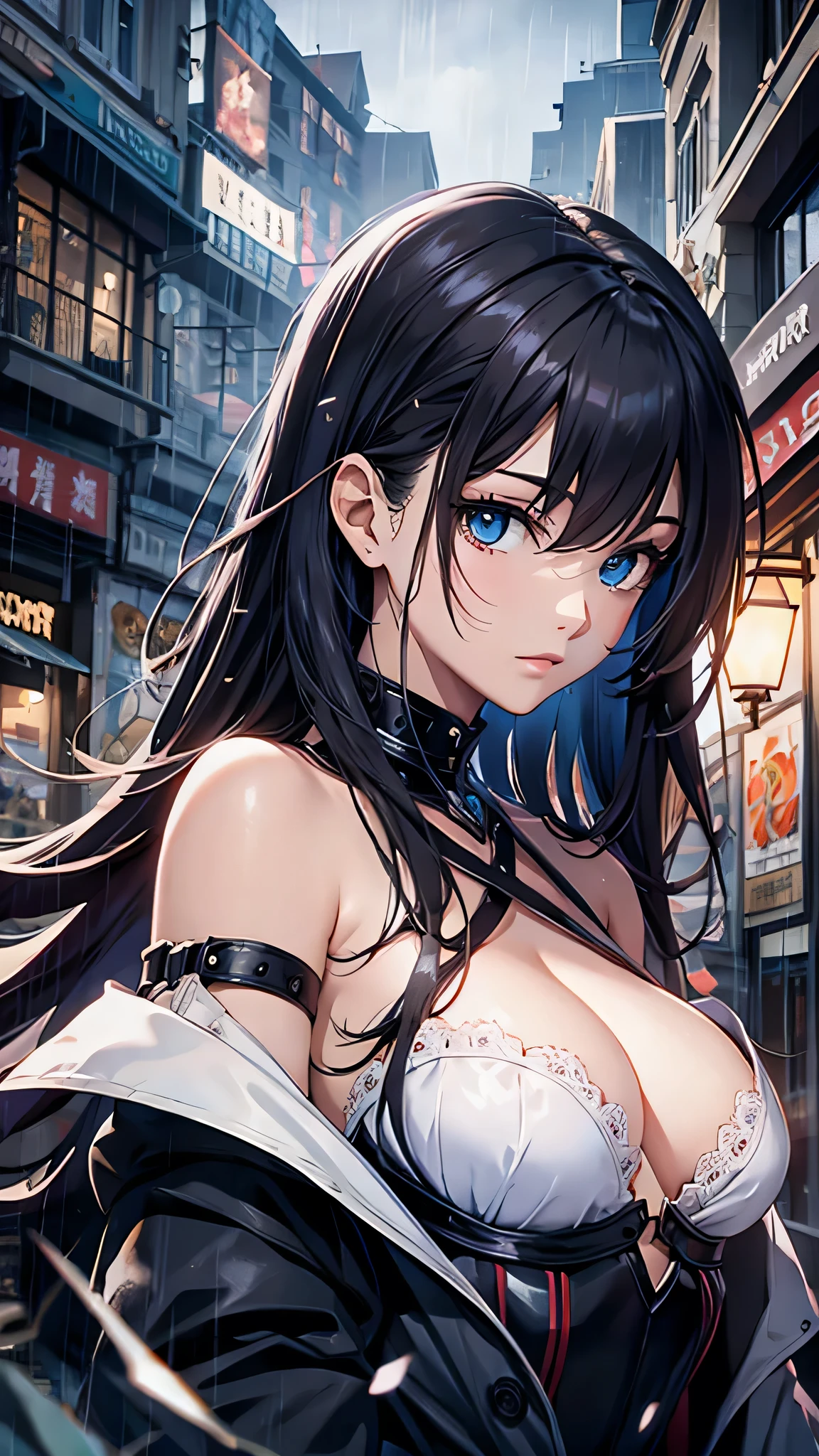 最high quality、Best image quality、masterpiece、With a girl((cute、、Best Bust、Medium Bust、Beautiful Blue Eyes、Spread your chest wide,Black Hair、Disheveled Hair、thin、Highest Valley、Black Ninja Costume)）high quality、Beautiful art、background((night、heavy rain、City、Dark Clouds)),Tabletop、Exquisite design、Visual Arts、Written boundary depth、Best lighting、Highest detail、8ｋ