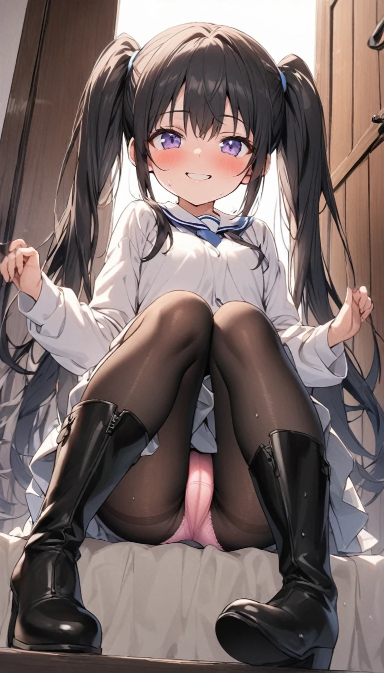 beautiful girl、、、、Twin tails、Pleated skirt、Black Pantyhose、panties under pantyhose、entrance、Highest quality, smile,Sit down and take off your boots、Pink Panties、Sweaty ass、Sweaty crotch、Low - Angle、Cowboy Shot、The gesture of taking off boots、The gesture of removing one boot、Steam from boots、Take off one boot、しゃがんでTake off one boot、One foot without a shoe