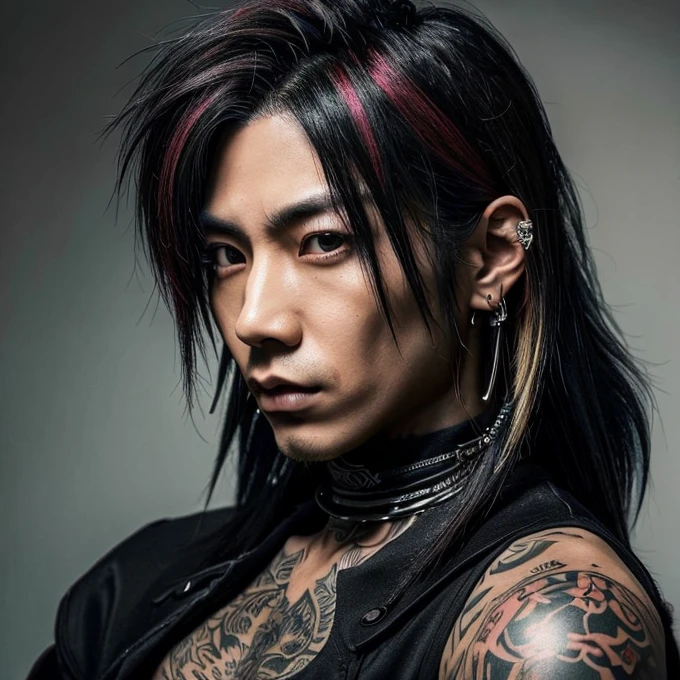 1 man, Japanese man, male, Asian eyes, muscular, broad shoulders, yakuza tattoos, hairstyle Visual Kei style, hair Visual Kei, black men's shirt and black pants, ultra detailed face, hyperrealistic, realistic representation, long hair, long hair, 30 years old, age 30 years, blond, blonde hair
