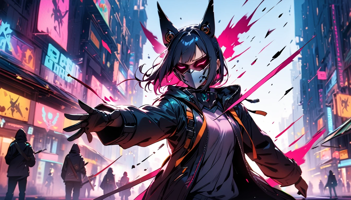 A girl confronting her enemies, masterpiece, best quality, Blurring effect on the surroundings, cyber, mask, fight