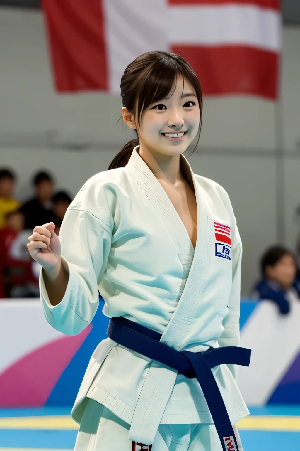 At the judo venue、Woman in judogi、Gold medal hanging from his neck、Hairstyle: Short bob、smile、A little sexy、Olympic Venues、A large audience、Large Breasts、Large Breasts、Japanese、Japanese flag、