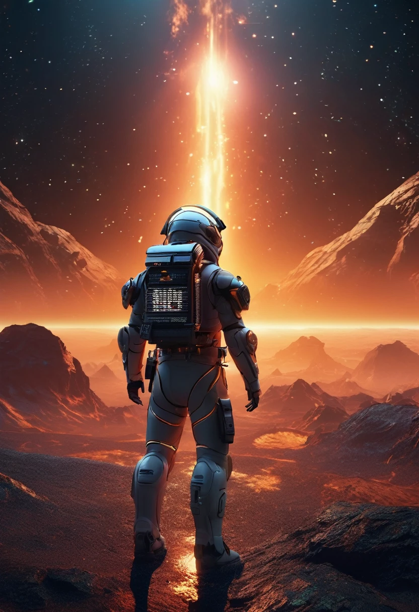 cinematic film still professional 3d model anime artwork concept art a masterpiece oil painting, comic comic Dreamscape an futuristic pilot suit falling backwards into the cosmos, the space suit looks like something out of a science fiction anime . Surreal, ethereal, dreamy, mysterious, fantasy, highly detailed . highly detailed, psychedelic, vibrant, highly detailed . digital artwork, illustrative, painterly, matte painting, highly detailed, he is panicking, scared . key visual, vibrant, highly detailed . octane render, highly detailed, volumetric, dramatic lighting, glossy, lense flare, shiny surface, reactor core, heavy armor, black and fire orange color scheme, aggressively wolf designed helmet, on cosmic fire . shallow depth of field, vignette, highly detailed, high budget, bokeh, cinemascope, moody, epic, gorgeous, film grain, grainy