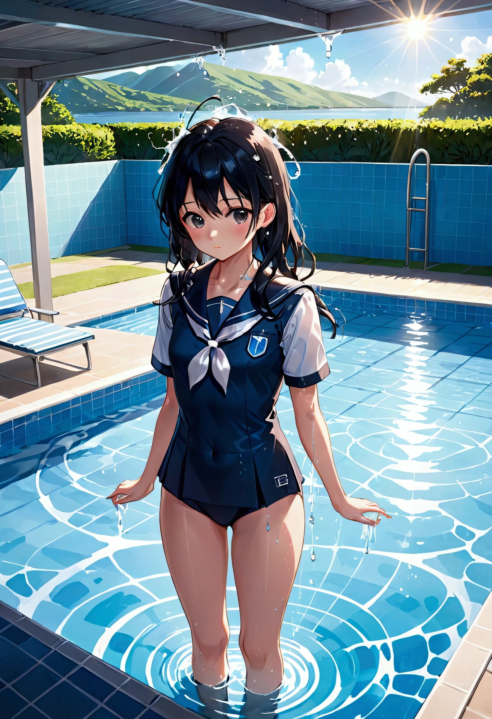An anime-style illustration of a black-haired girl in a sailor uniform standing by a pool, manipulating water. She is wearing a swimsuit underneath the uniform, which is partially visible. The scene captures the full body of the girl, with water droplets splashing around her, reflecting sunlight. The atmosphere should be magical and ethereal, with the water and light creating a dreamy effect. Ensure the image is high resolution and high definition, with a focus on the fine details of the water and the girl's features, creating a masterpiece with a vibrant and enchanting feel.