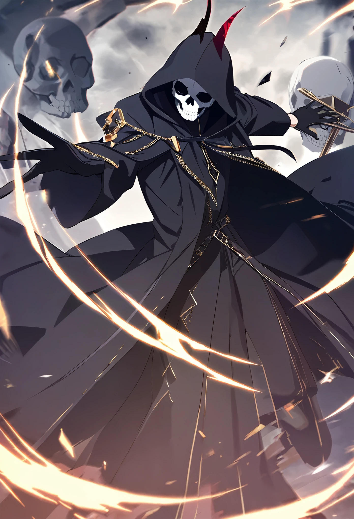 Human, man, magician, dressed in a black robe, Large hood, Skull Mask, horns from the hood, gloves, epic art