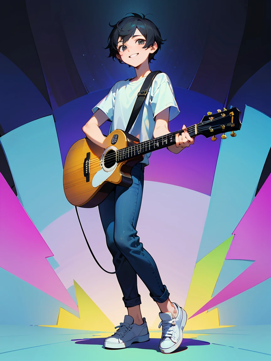 Highest quality、An illustration、boy、18-year-old、One person、whole body、boyish、smile、Sing a song、Short Hair、Black Hair、White T-shirt、Black jeans、White sneakers、Acoustic guitar、Facing forward、