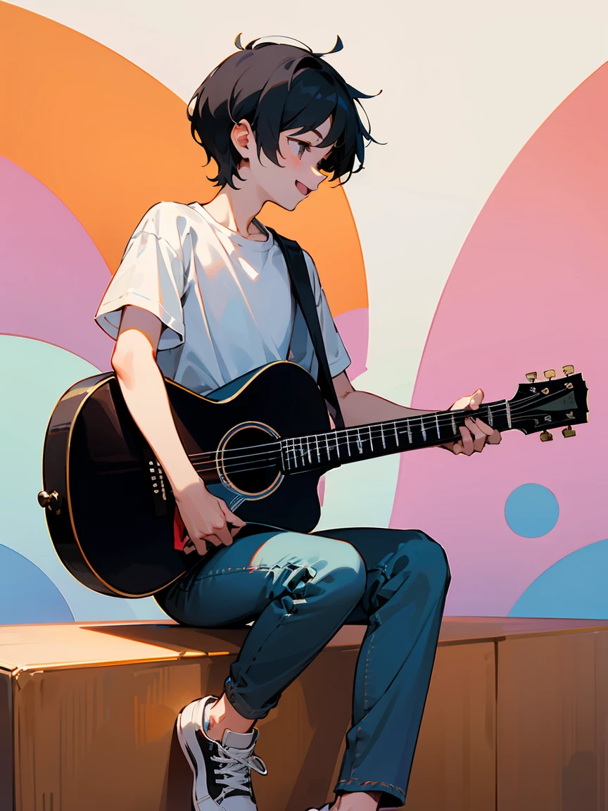 Highest quality、An illustration、boy、18-year-old、One person、whole body、boyish、smile、Sing a song、Short Hair、Black Hair、White T-shirt、Black jeans、White sneakers、Acoustic guitar、Facing forward、