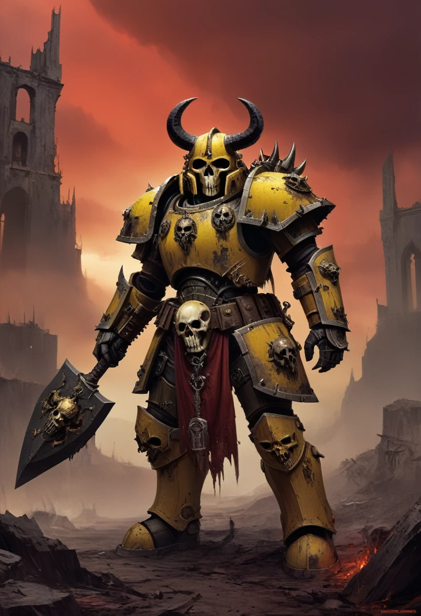 warhammer 40k, Human, clad in the grim armor of the Chaos Marines,  yellow armor,  Holding an axe, horse skull helmet, horns, gloomy atmosphere, Red Sky, Ruin