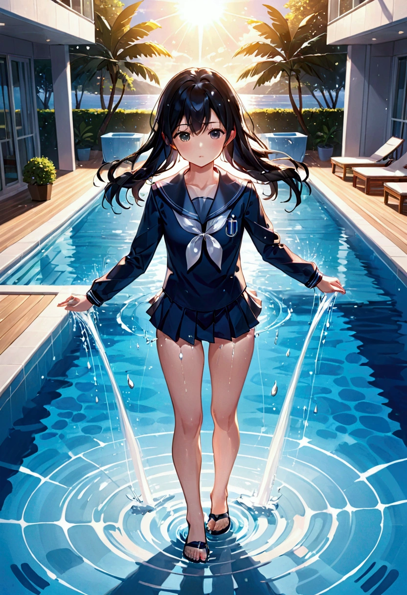 An anime-style illustration of a black-haired girl in a sailor uniform standing by a pool, manipulating water. The scene captures the full body of the girl, with water droplets splashing around her, reflecting sunlight. The atmosphere should be magical and ethereal, with the water and light creating a dreamy effect. The girl is solely dressed in the sailor uniform, without a swimsuit. Ensure the image is high resolution and high definition, with a focus on the fine details of the water and the girl's features, creating a masterpiece with a vibrant and enchanting feel.