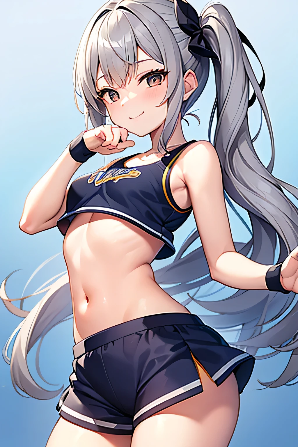 whole body,Lower Angle.18-year-old,Cheerleader,smile,Right facing,slender,Small breasts,looking at the camera,Gray Hair,Dark Eyes,Long Hair,Right side ponytail,Shorts,