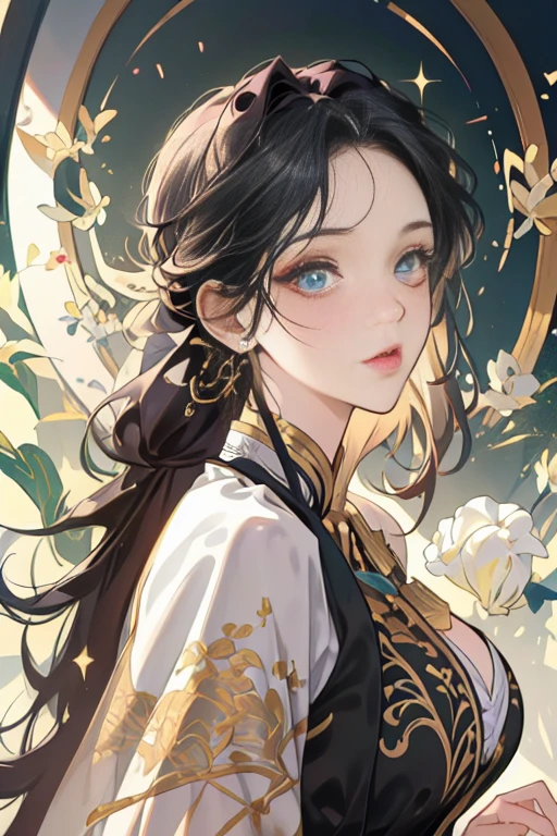 （tmasterpiece，top Quority，best qualtiy，offcial art，Beautiful and aesthetic：1.2），（1girll），Extremely detailed，Colorful，highestdetailed，offcial art，Unity 8k wallpaper，ultra - detailed，Beautiful and aesthetic，big breasts beautiful，tmasterpiece，best qualtiy，（zentangle，datura，Tangles，entangled），holy rays，gold foil，Gold leaf art，glitter drawing，PerfectNwsjMajic，delicated face，Elaborate Eyes