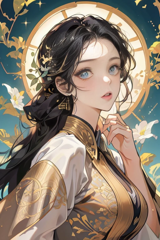 (tmasterpiece,top Quority,best qualtiy,offcial art,Beautiful and aesthetic:1.2),(1girll),Extremely detailed,Colorful,highestdetailed,offcial art,Unity 8k wallpaper,ultra - detailed,Beautiful and aesthetic,big breasts beautiful,tmasterpiece,best qualtiy,(zentangle,datura,Tangles,entangled),holy rays,gold foil,Gold leaf art,glitter drawing,PerfectNwsjMajic,delicated face,Elaborate Eyes