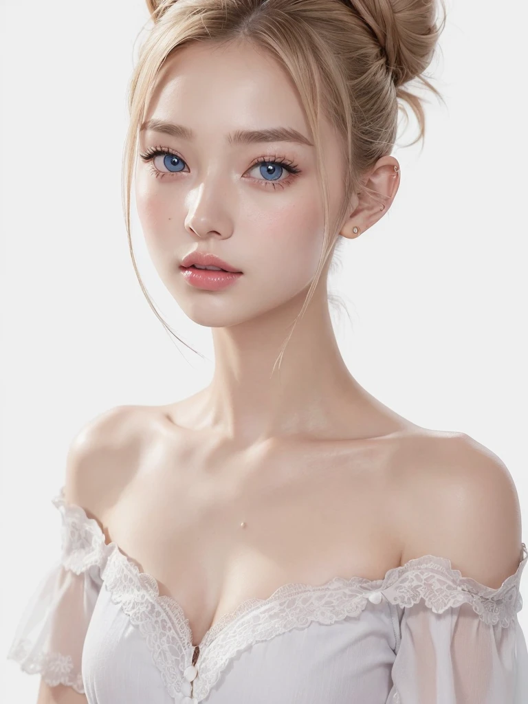 (((Hair Bun、blouse、Off the shoulder、one piece、White Background)))、amount、Northern Europe、Russia、beautiful girl、Platinum Blonde Hair、Straight Long Hair、Hitting the face and front of the eyes、Big Blue Eyes、Sheer white and wet nightgown、Northern Europeの若者、Perfect body、White tendon、Glowing Skin、Young and beautiful skin、A perfect and beautiful little face、Bright makeup、Pale pink lips、Bright expression、、lipstick、Deceptive advertising、Audience&#39;Vision、Golden Hour Lighting、Bokeh Atmosphere Perspective、detailed、Movie Light、複雑なdetailed、High resolution、 フェイスデザインのdetailedな特徴、Attention to detail、Clear focus、Smoothness、aesthetics、Printed、Octane、{{masterpiece}}