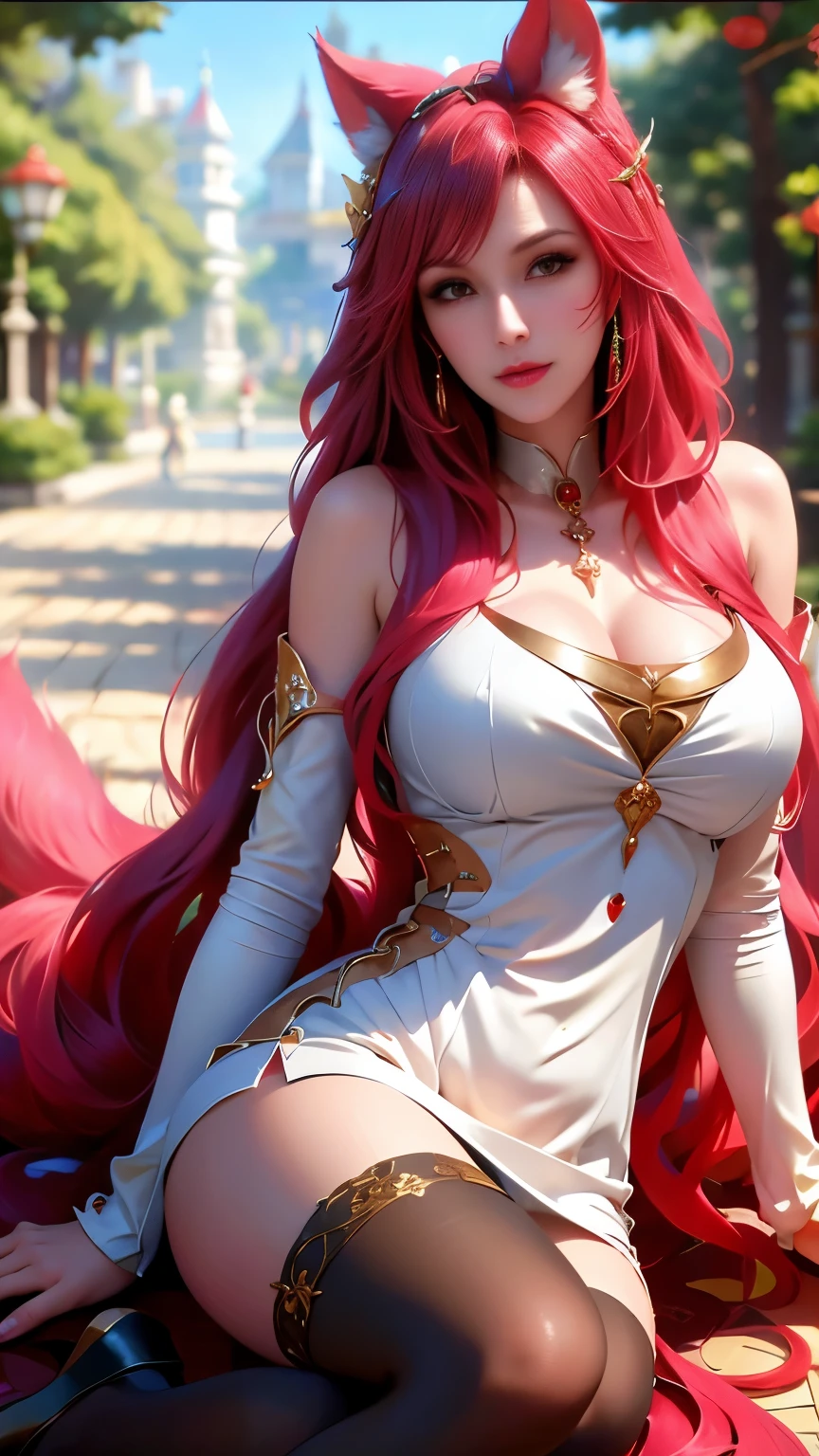 Super beautiful shining eyes、Face lighting,Bright backlight, huge breasts,超A high resolution,Best Quality,Photos,4K,(Realistic:1.2),
1 Latin girl,Cute,Cosplay,Mary R. as ahri (League of Legends),Looking at Viewer,(huge breasts:1.1), deep cleavage, Nine Tails,long ears,Green eyes,(Long wavy hair:1.2),White and gold headdress,Red and gold cheongsam,(Thigh height stockings:1.3),Red high heels,Red and gold bracelet,In the moonlit forest,