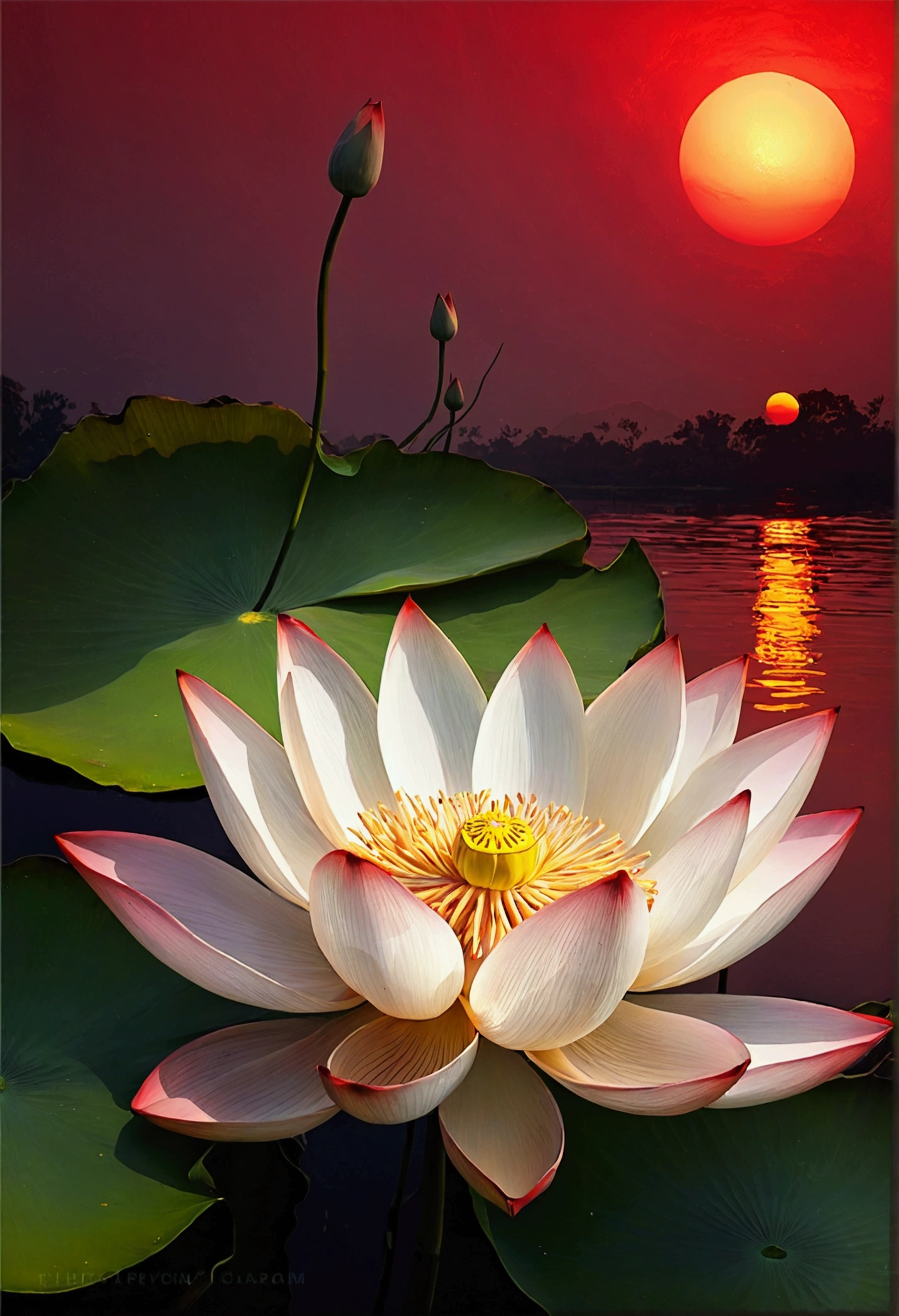 Red sunset and delicate white lotus