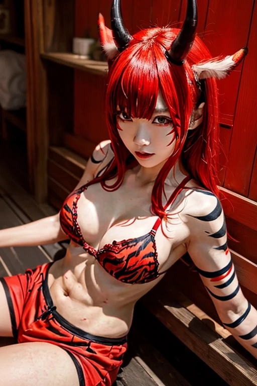 Whole body expression、Traditional Japanese monsters、Red demon girl、Because he is a red demon, his skin is red.、Has red body painting all over his body、One girl、Has horns on its head、cute、Wearing a tiger print bra、Wearing shorts、