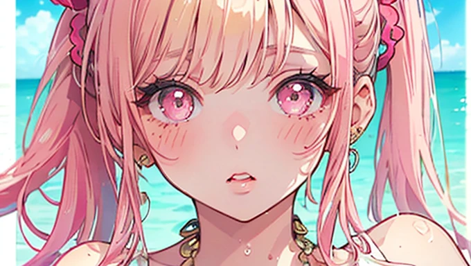 ((masterpiece、Highest quality、Very detailed))、One Girl、Face close-up、blonde、Long Hair、((ponytail))、bright pink eyes、Earrings、blush、Watery eye、((Pink Lips))、((Open your mouth))、Mid-chest、((Swimwear))、((Upper Body))、