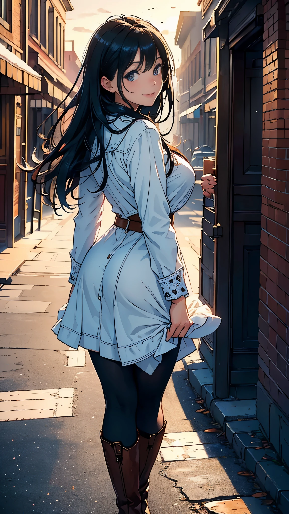 (NSFW), ((Morning Masterpiece, High Resolution, Stunning Detail)), (Winter, Downtown), (One Girl, Solo), (Cowboy Shot), (Smiling), (Black Hair),
The image captures a breathtaking morning scene in downtown, with the crisp cold air of winter painting the town in a soft, ethereal light. The focus of the image is a solo girl, her black hair cascading down her back, framing a radiant smile that sets the scene aglow. She is captivating in her cowboy attire, her boots tucked neatly into the stirrups, the morning sun casting a warm glow on her