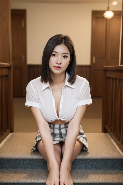 masterpiece, Highest quality, 8k, RAW Photos, 
A beautiful Japanese woman, 17 years old, Cute Face, (Even length haircut:1.2), (One Length), Beautiful shiny black hair, Straight hair, Clear white skin, Pale skin, Realistic Skin, Calm expression, Japanese High , (Long pleated check skirt), ((Showing nipples under a white shirt)), Very good, In the classroom, ((The whole body to the toes)), She is barefoot, Beautiful long legs, Sitting on the stairs, Angle from below, Beautiful plump thighs, White panties are visible, Nipples visible through clothing,
The room is dimly lit, evening, evening, Magic Hour, 