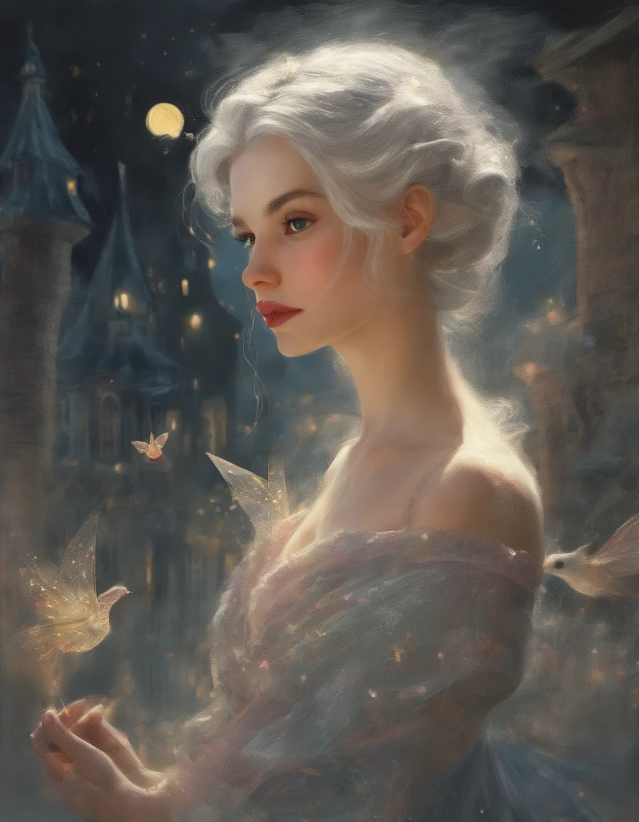 (((3D impressionist illustration, The face is dense, The face is precise))), A Russian girl in her early 20s with ash grey hair, Low Contrast, A man smoking a cigarette on a street corner at dusk