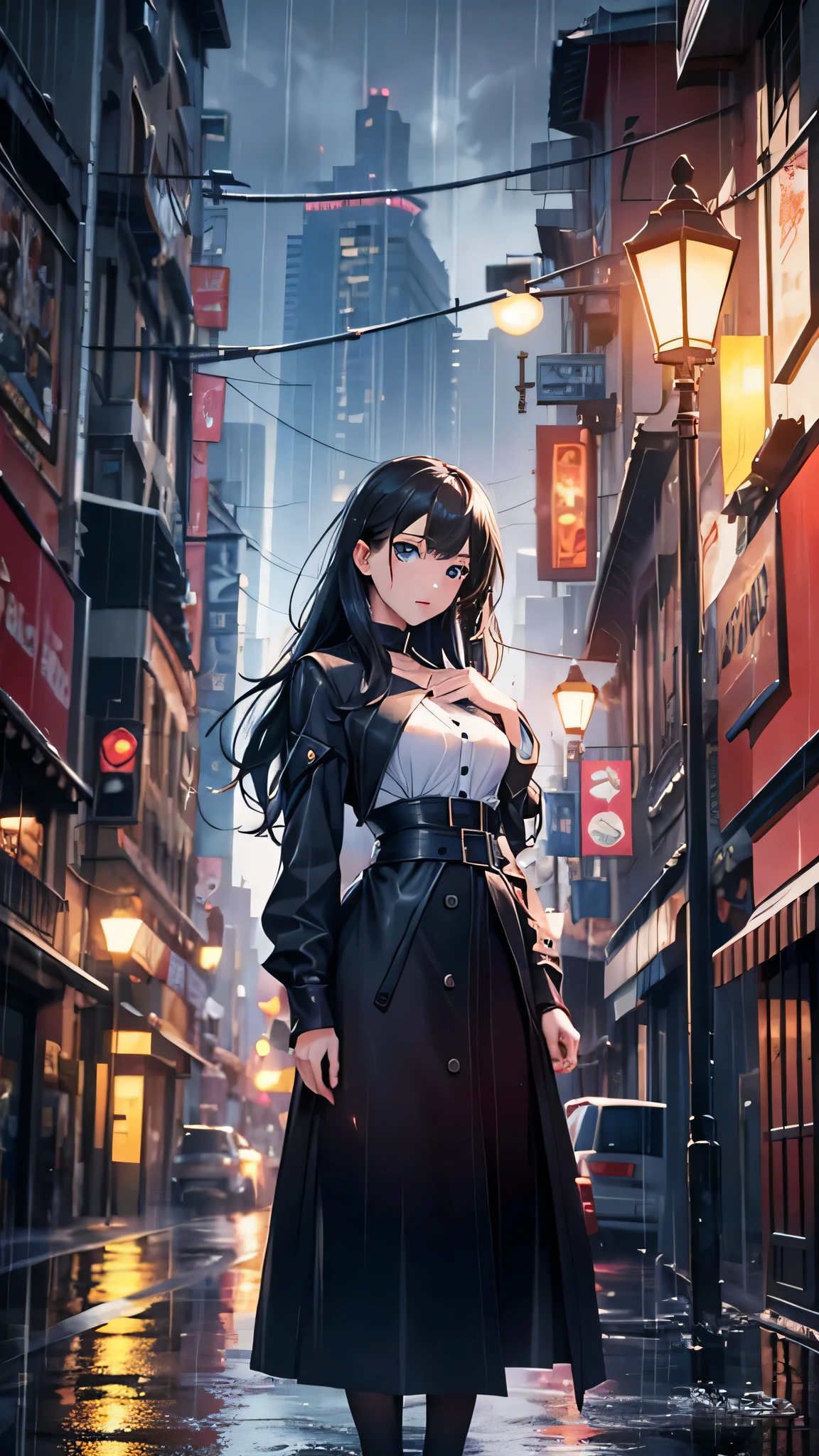 最high quality、Best image quality、masterpiece、With a girl((cute、16 years old、Best Bust、Medium Bust、Beautiful Blue Eyes、Spread your chest wide,Black Hair、Disheveled Hair、thin、Highest Valley、Black Ninja)high quality、Beautiful art、background((night、heavy rain、City、Dark Clouds)),Tabletop、Exquisite design、Visual Arts、Written boundary depth、Best lighting、Highest detail、8k